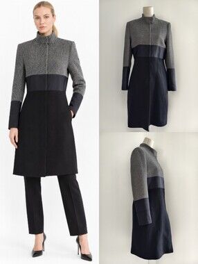 Like New Nissa Wool Tailored Color Block Long Sleeve Knee Length Dress Coat